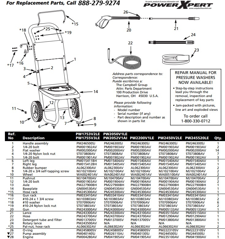 Campbell Hausfeld PW1753VLE parts & Manual